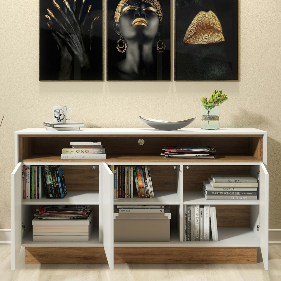 image 1 of White and Oak Sideboard 155cm – Modern Cabinet with Open Shelf | White