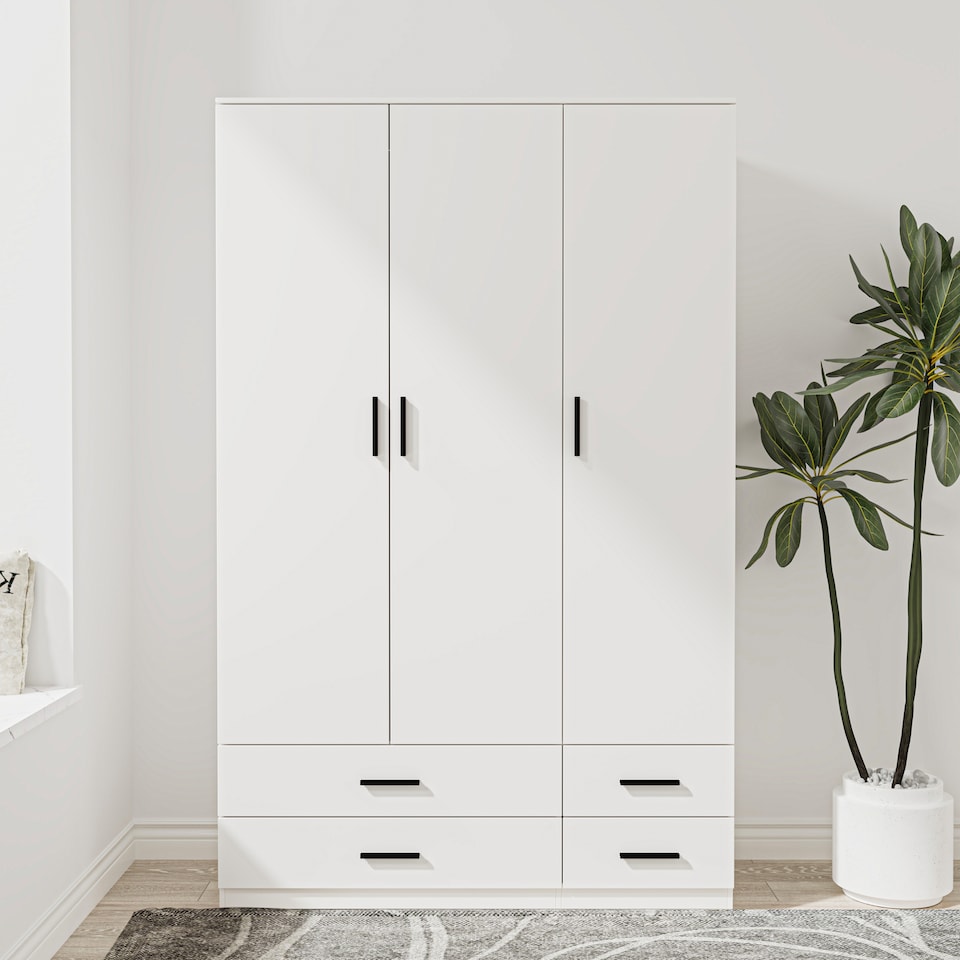 image 1 of 3 Door 4 Drawer Wardrobe With Hanging Rail And Storage Shelf | White | White Carcass & Door | 1