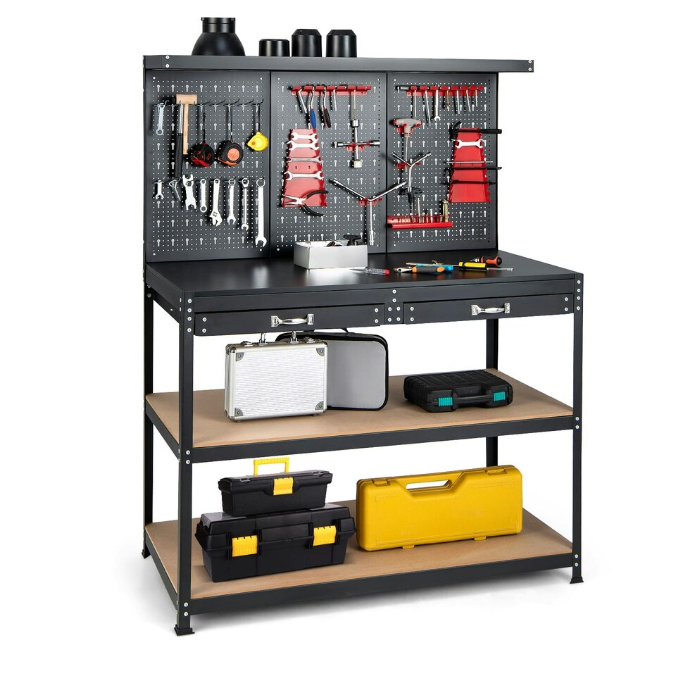 image 1 of COSTWAY Workbench Garage Worktable with Drawers-Black