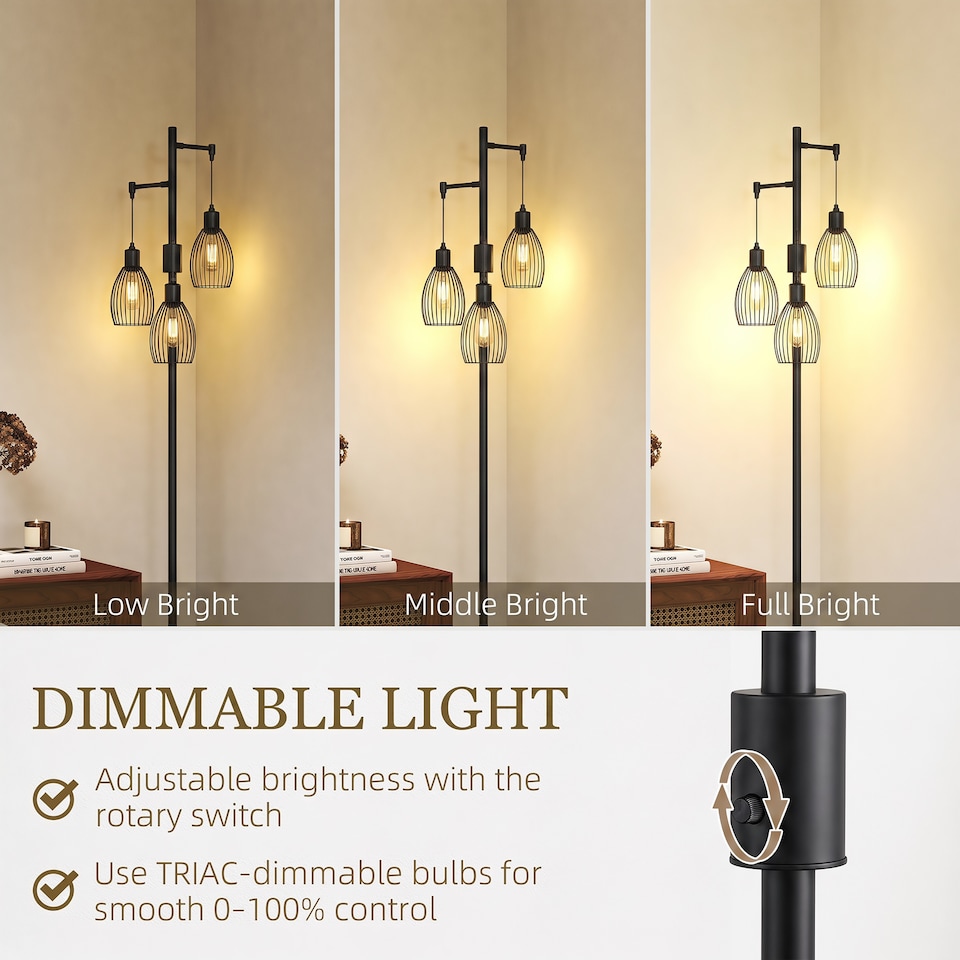 image 1 of HOMCOM Industrial 3-Light Floor Lamp Dimmable Standing Lamp for Living Room