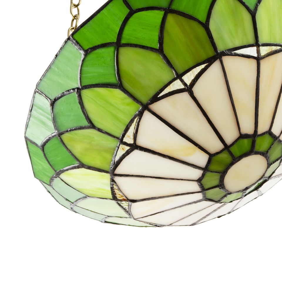 image 1 of Amber and Green Stained Glass Domed Tiffany Pendant Lamp Shade with Chain | Green