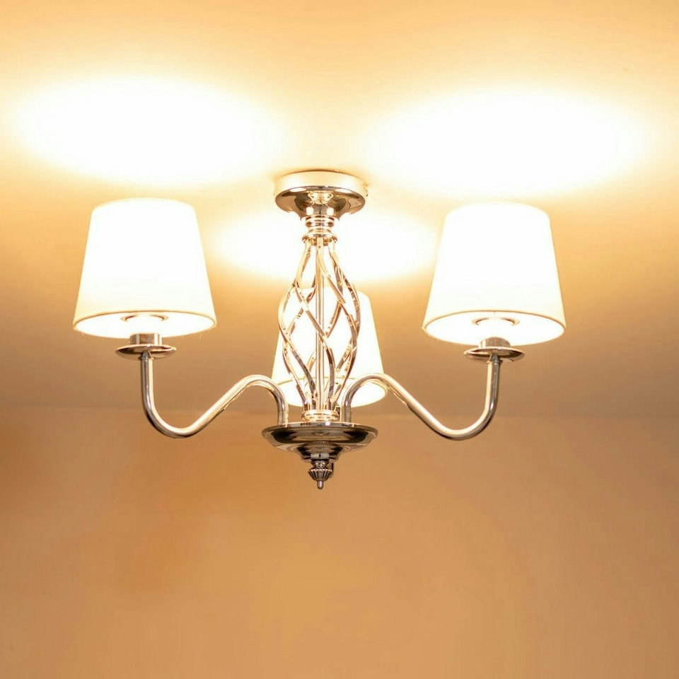 image 1 of ValueLights Memphis Traditional Silver Chrome 3 Light Ceiling Light Chandelier with Fabric Lampshades - Bulbs Included