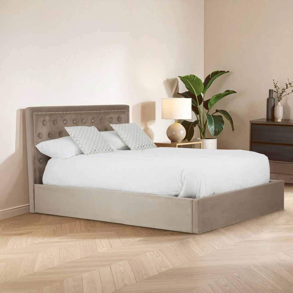 image 1 of Interiors By Premier Practical Mink Velvet Kingsize Ottoman Bed, Elegant Velvet Bed For Bedroom, Compact Diamont Tufted Bed