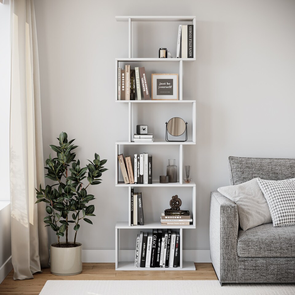 image 1 of Geometry S-Shaped 6 Tier Shelving Unit | White | 1