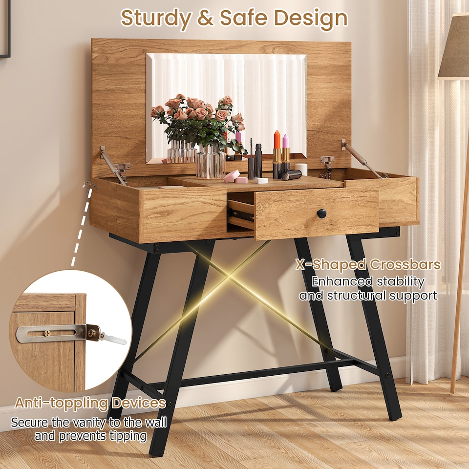 image 1 of COSTWAY 2-in-1 Vanity Desk Flip Top Vanity Table Natural