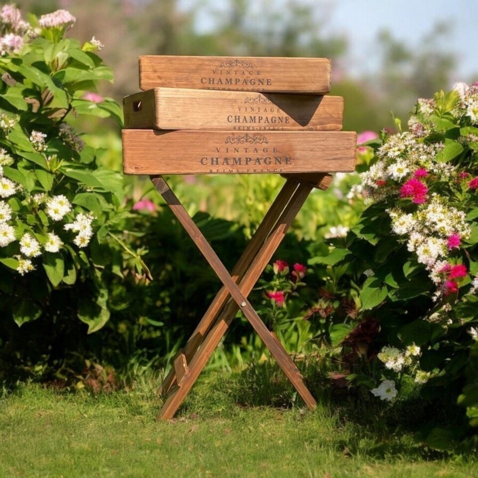 image 1 of Decorative Foldable Stand with "Vintage Champagne" Serving Trays (Set of 3) - Wood Brown