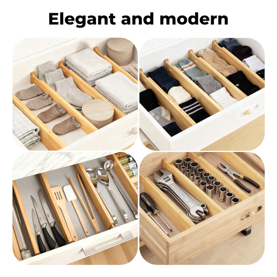 image 1 of Levede Adjustable Drawer Divider Bamboo 4PC Expandable Organisers Spring
