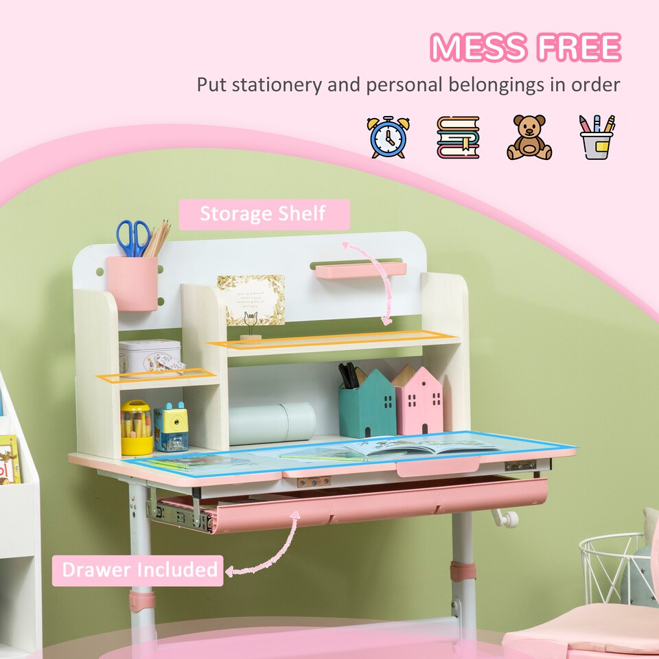image 1 of HOMCOM Kids Desk and Chair Set with Storage Shelves, Washable Cover - Pink