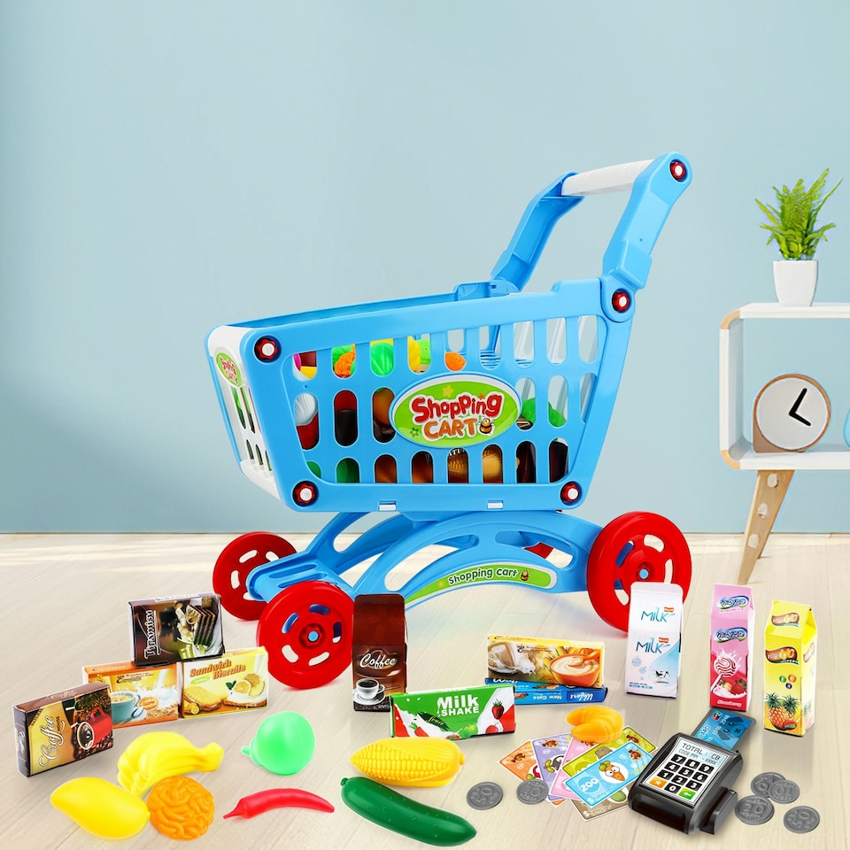 image 1 of Shopping Cart Trolley Play Set for Children – Includes 78 Grocery Food, Fruit, and Vegetable Accessories (Blue)