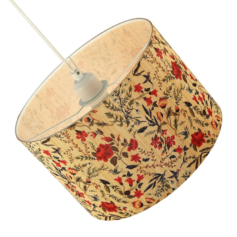 image 1 of Bird Theme Bamboo Pendant Lamp Shade with Green Leaves and Red Flowers | Multi