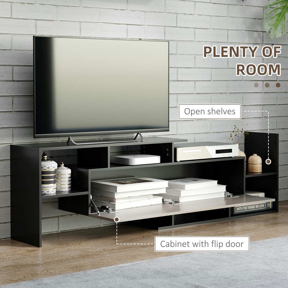 image 1 of HOMCOM TV Cabinet Unit w/ Wall-Mounted Shelf, Open Shelves Black and Brown White