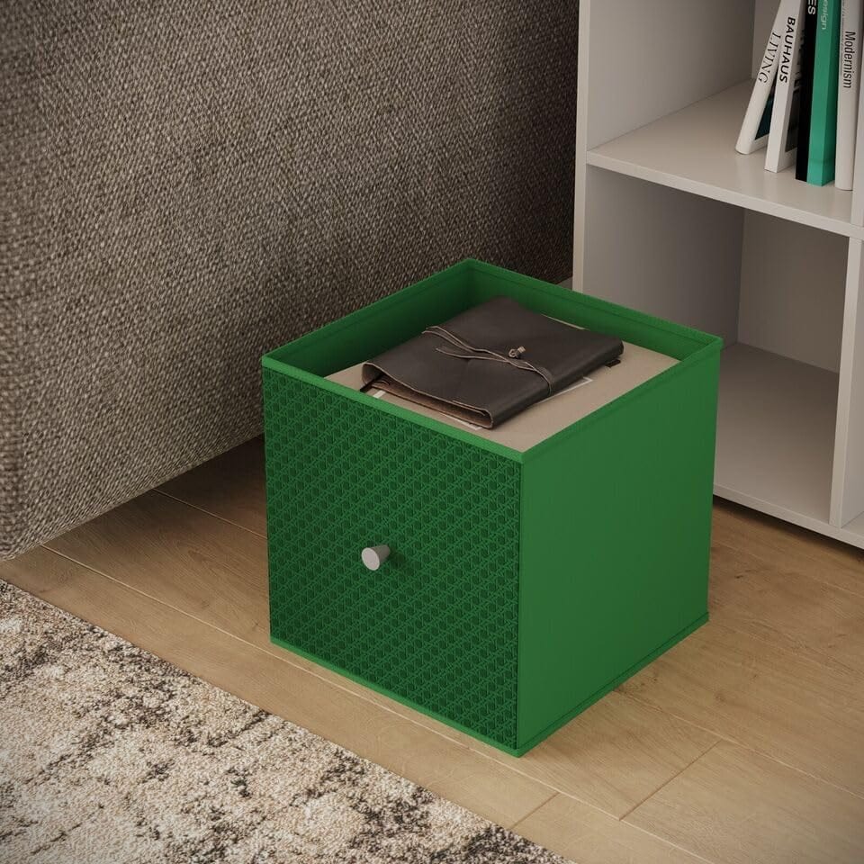 image 1 of Foldable Woven Fabric Storage Cube Box Drawer Insert Organiser Basket with Handle | Green | Green | Pack of 6 | 6