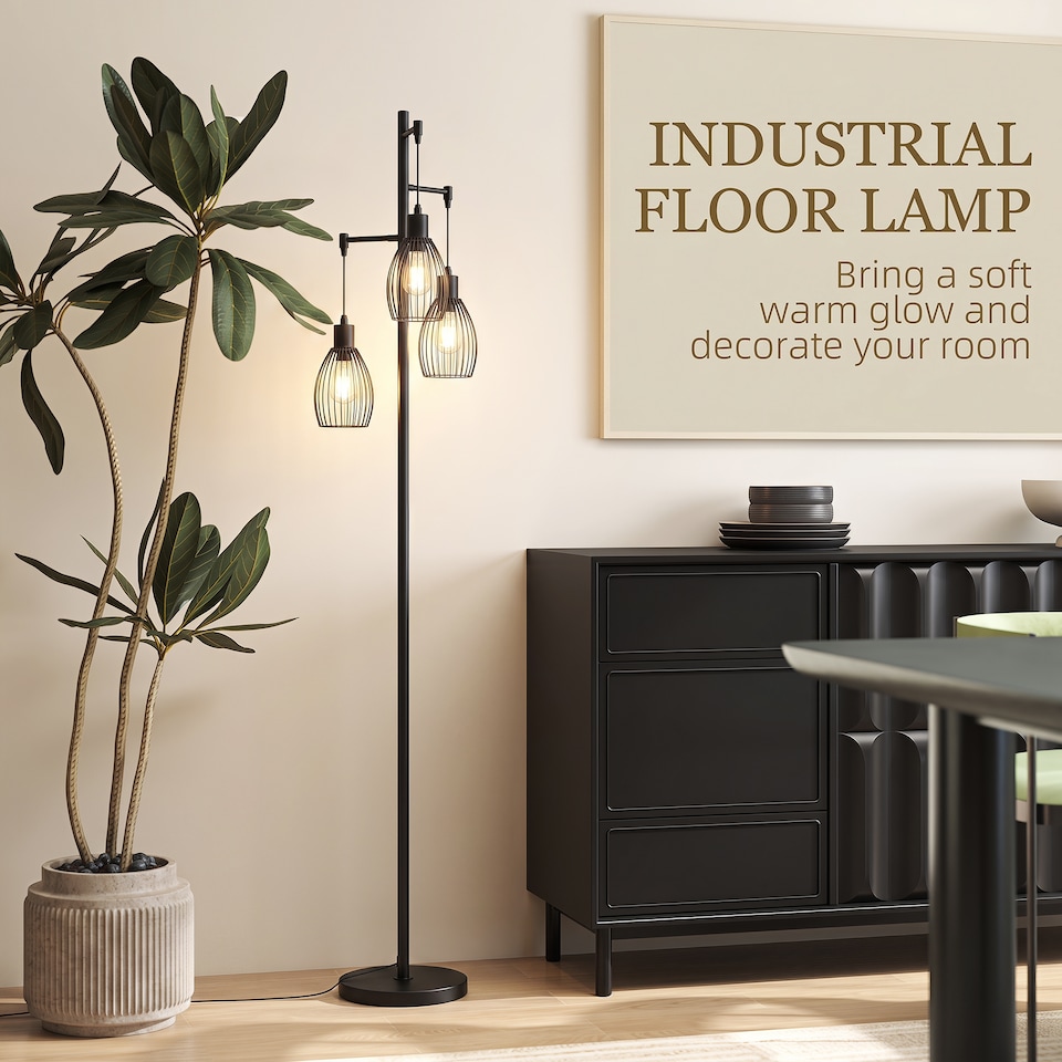 image 1 of HOMCOM Industrial 3-Light Floor Lamp Dimmable Standing Lamp for Living Room