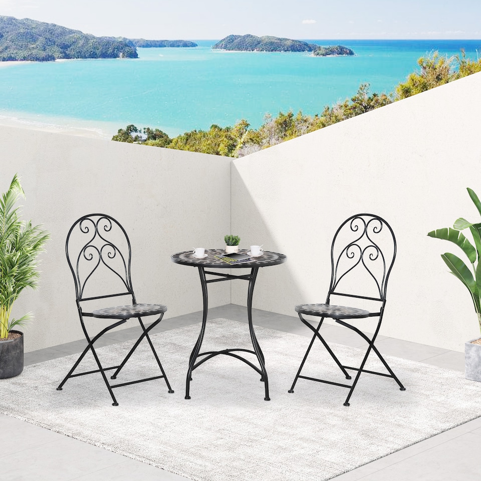 image 1 of Outsunny 3 Pieces Garden Bistro Set with Coffee Table and 2 Folding Single Chairs, Mosaic Garden Table Top and Seats, Metal Frame, for Patio Balcony, Black