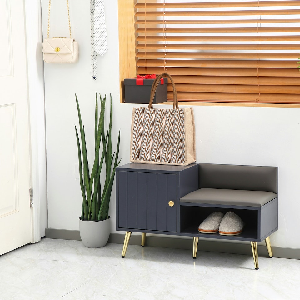 image 1 of HOMCOM Upholstered Entryway Shoe Bench with Storage Cabinet Open Shelf Grey