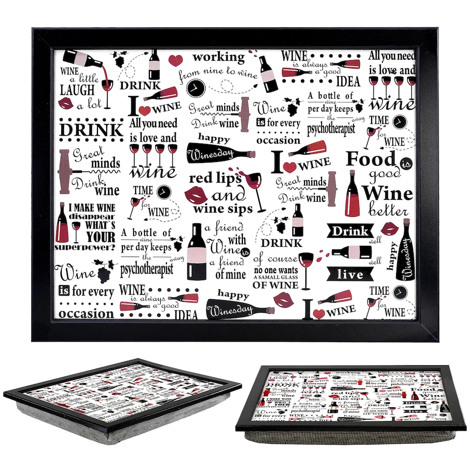 image 1 of GEEZY Wine Quotes Wooden Lap Serving Tray with Bean Bag Cushion 44x34cm