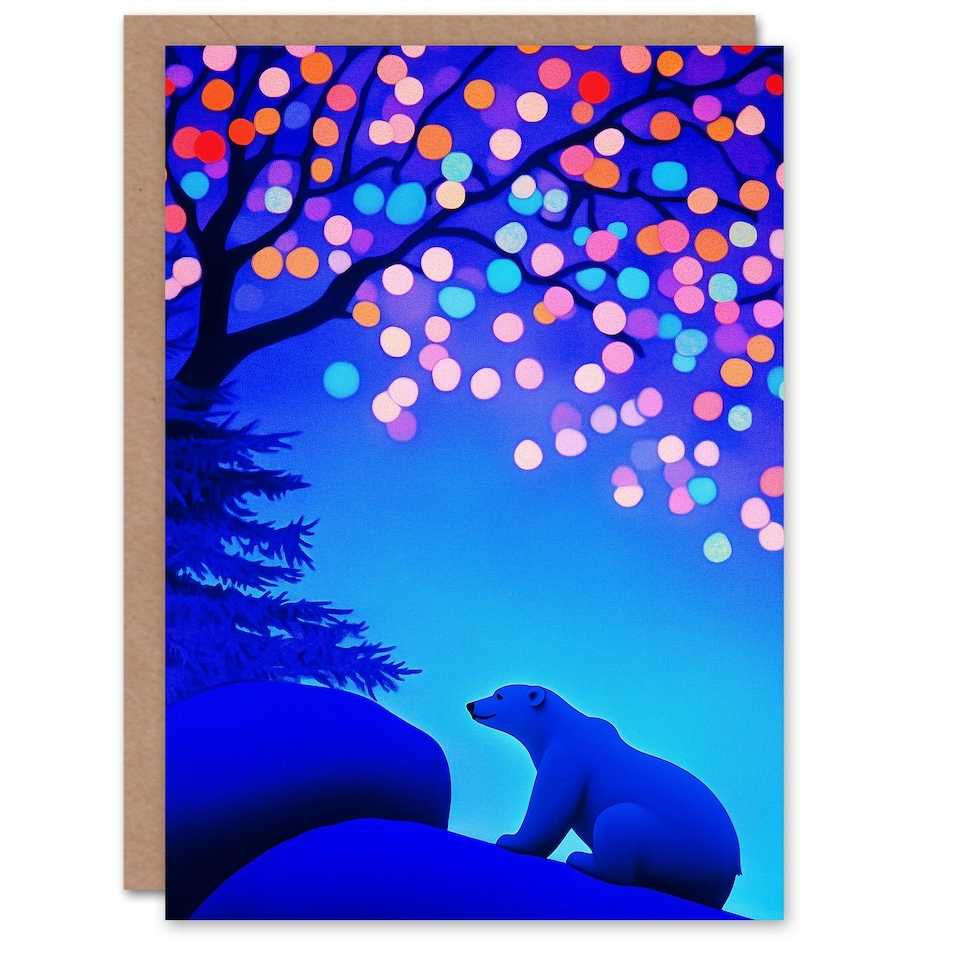 image 1 of Greeting Card Polar Bear Colourful Fairy Lights Tree at Night Blank For Him Or Her Art Xmas Christmas Card