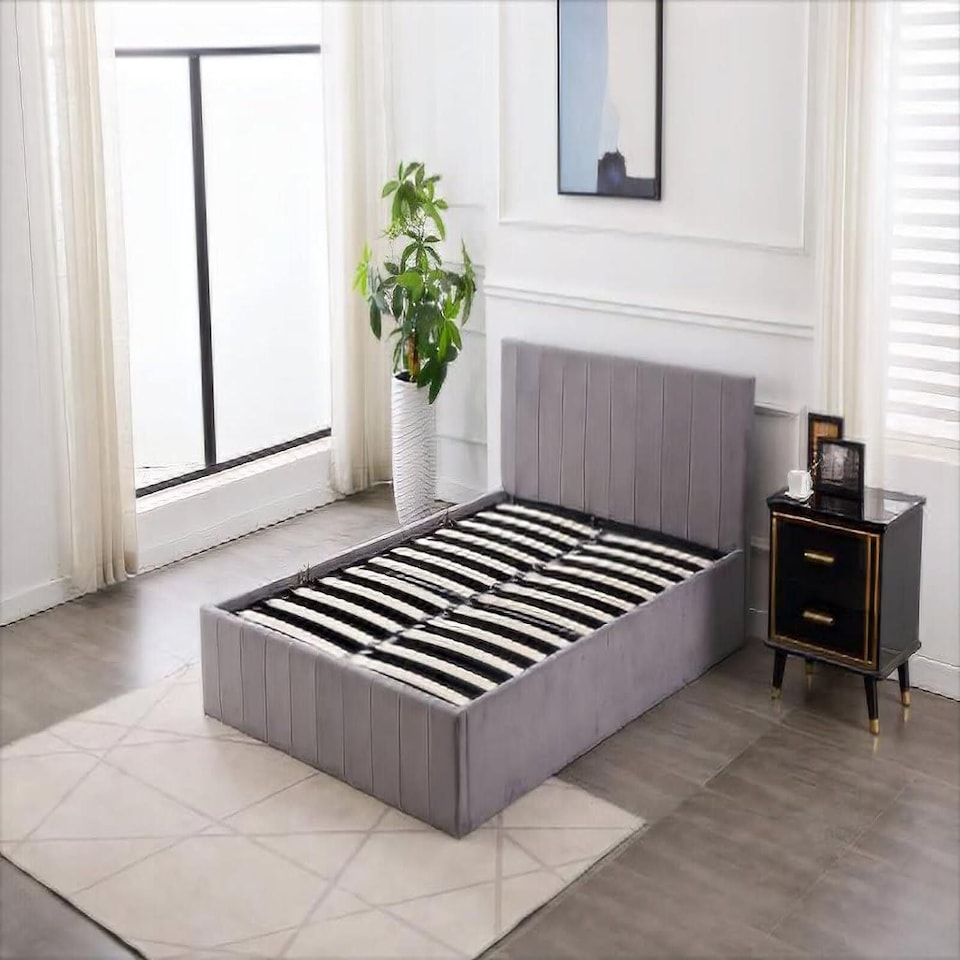 image 1 of Ottoman Storage Bed grey 3ft single and 1 mattress line pattern fabric velvet bedroom furniture