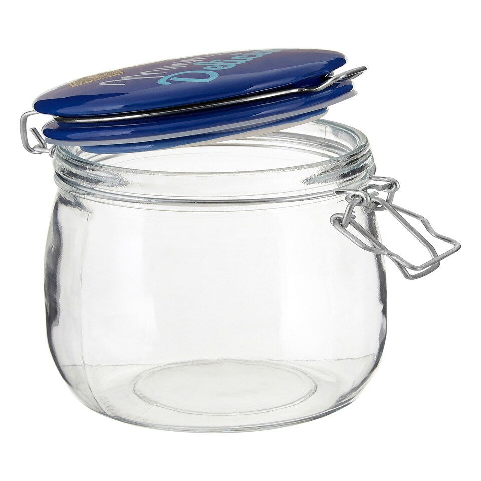 image 1 of Interiors By Premier Pretty Things Glass Jar 750ml, Clear Glass Storage Jar with Blue Ceramic Clip Top Lid