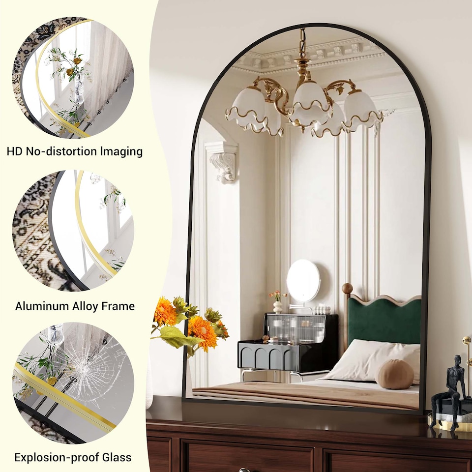 image 1 of London Boutique Black Aluminium Framed Arched Top Wall Mounted Bathroom Vanity Mirror 20 x 30 Inch / 50.8 x 76.2cm 5mm Thick Shatterproof Eco Safety Silver Glass Lens Hemmed Edge Frame Simple Wall Hanging Hardware Included No LED Lights Decorative Wall Mirror For En-suite Bathroom Wash Basin Vanity Hallway Entryway Bedroom Wall Decor Terraced House Small Flat Single Mirror