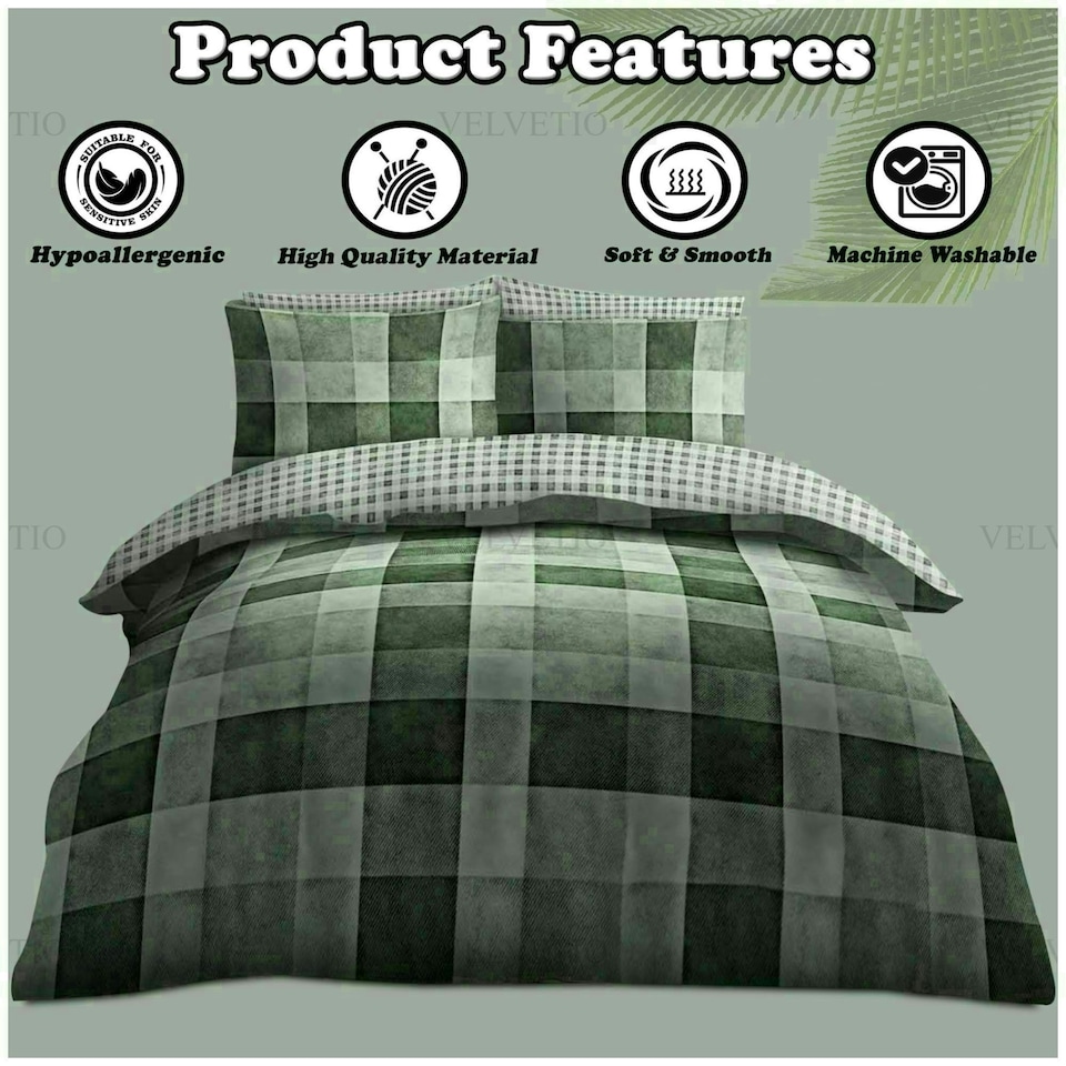 image 1 of VELVETIO Denim Check Printed Duvet Cover Set Reversible Polycotton Beddings Red | Single