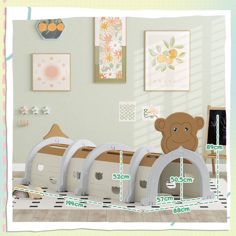 image 1 of AIYAPLAY Kids Play Tunnel for Crawling, Climbing, Monkey Design, Brown