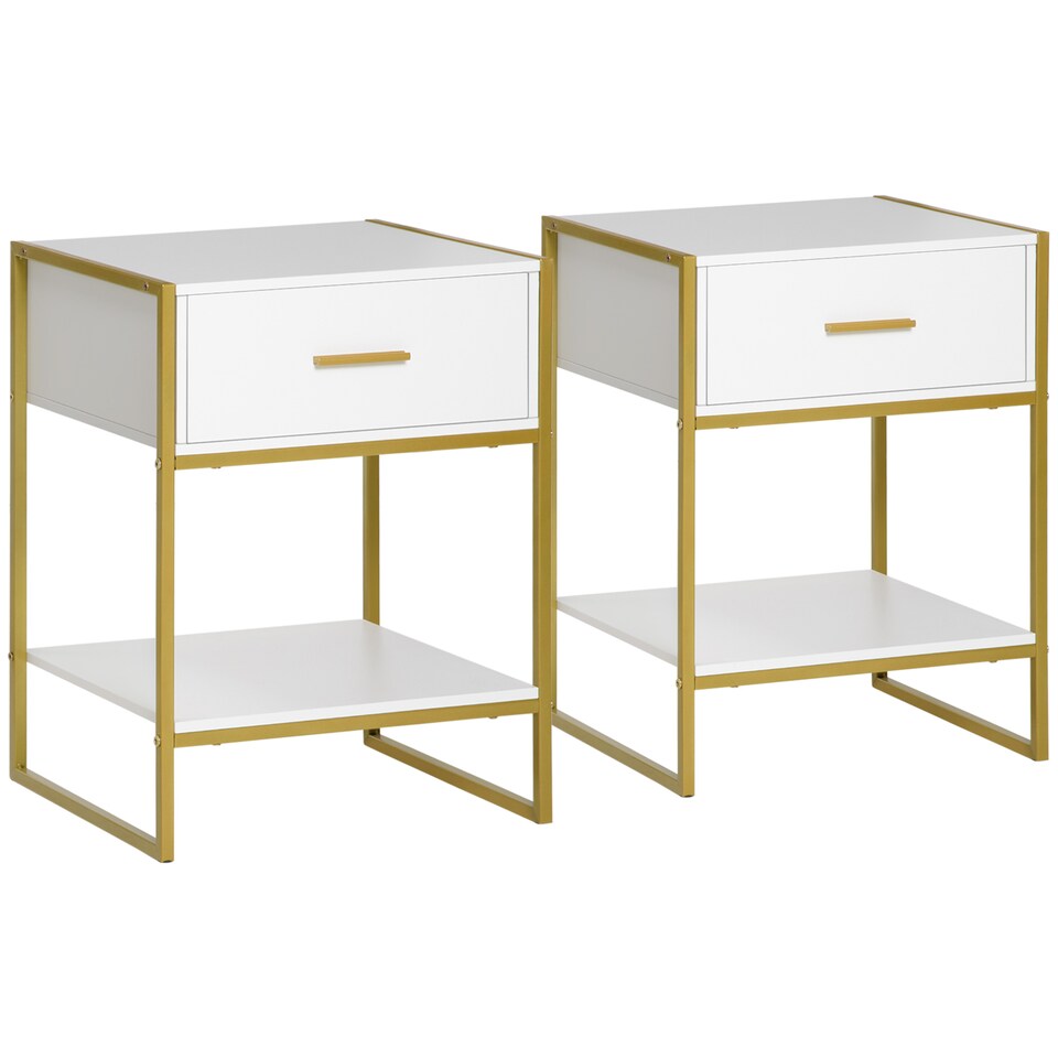 image 1 of HOMCOM Bedside Table with Storage Drawer and Open Shelf, Modern Nightstand, Side Table with Metal Frame for Bedroom, Living Room, Set of 2, White
