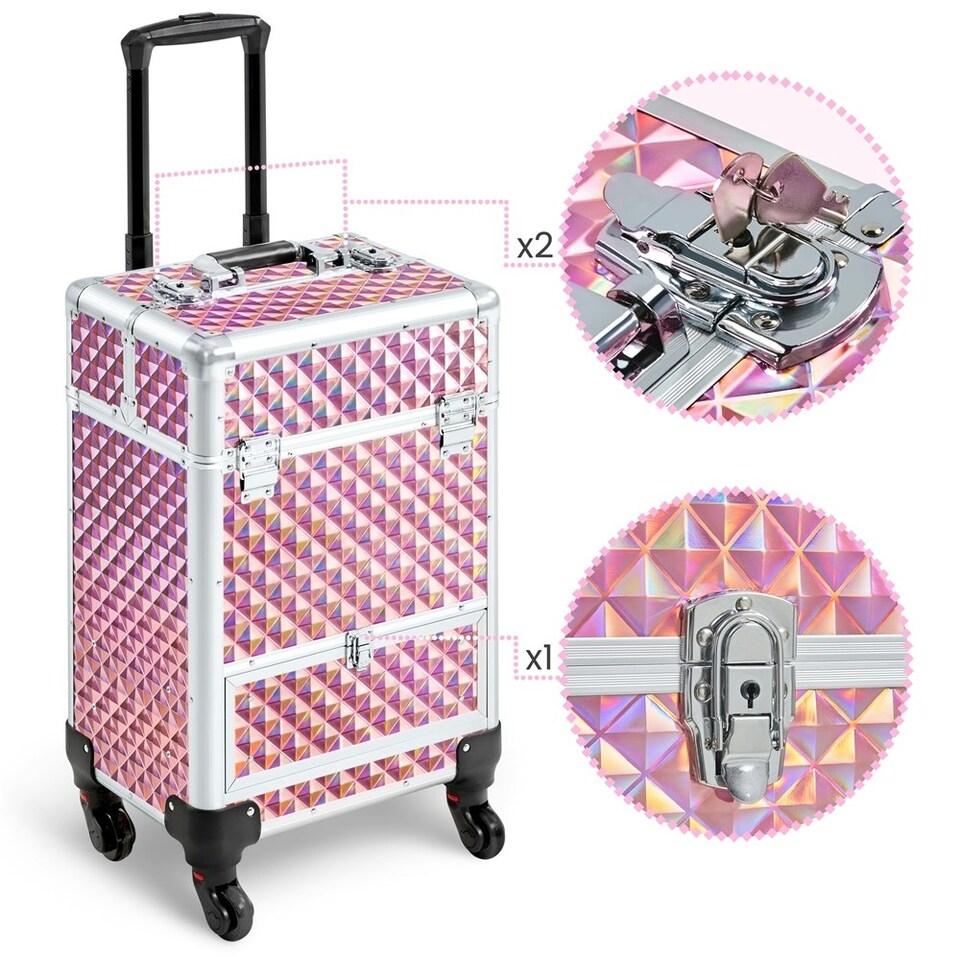 image 1 of Yaheetech Aluminum Makeup Train Case with Slide-Out Drawer Black Pink | Glitter Pink