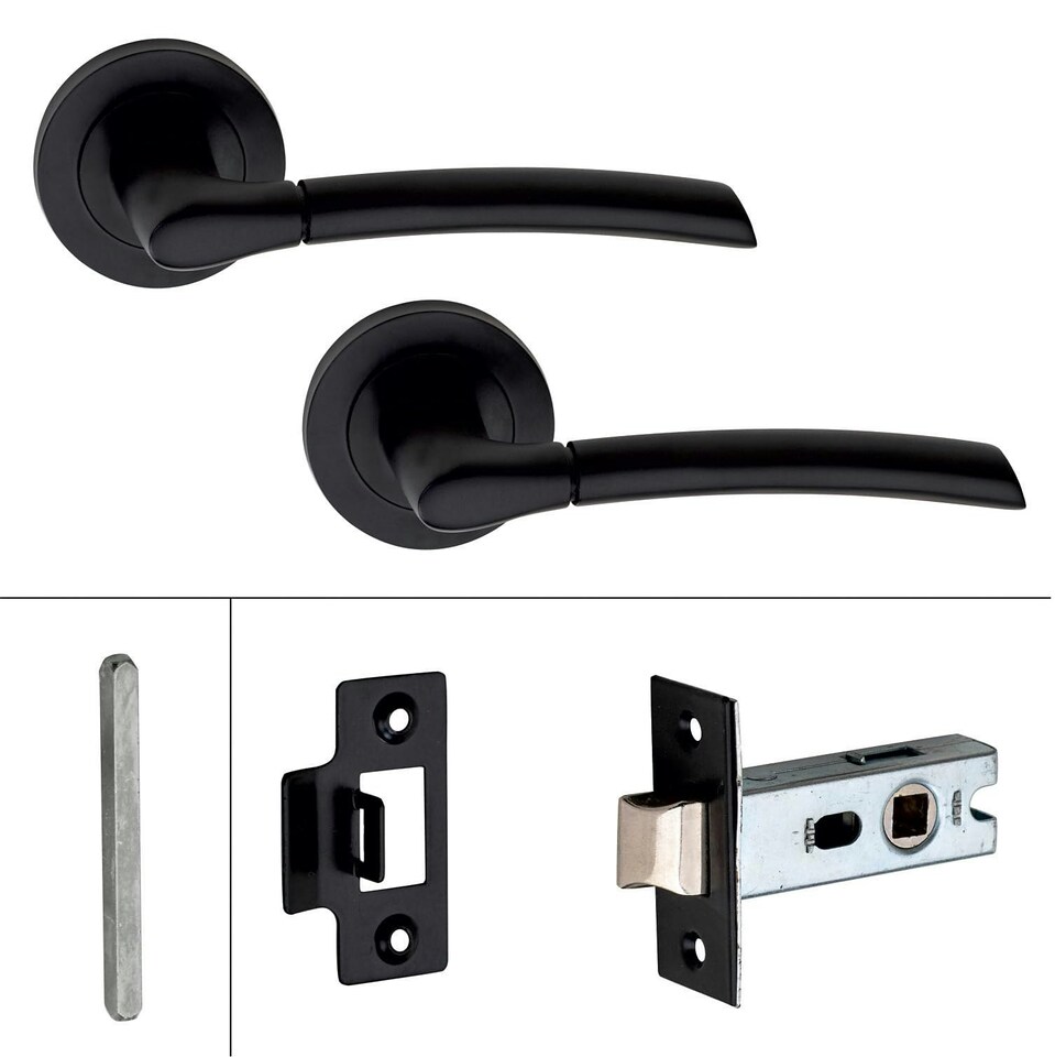 image 1 of Golden Grace 6 Pairs Indiana Design Door Handles on Round Rose in Matt Black Finish with 2.5" Tubular Latch - 52mm Diameter | Black | 6 Pairs