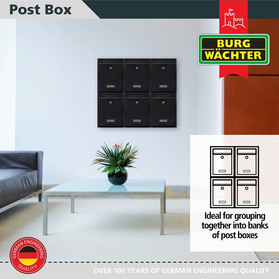 image 1 of Burg-Wachter Trent Wall Mounted Galvanised Steel Lockable Post Box - 26x34x9cm Black