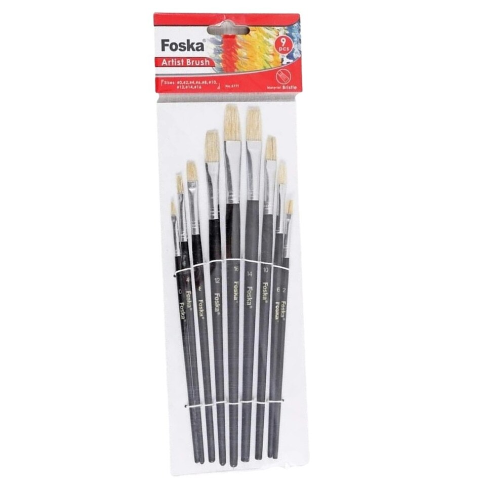 image 1 of Pack of 9 Assorted Size Wooden Handle Bristle Hair Artist Paint Brush Set