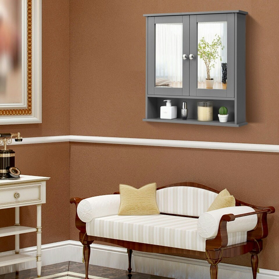 image 1 of COSTWAY Wall Mounted Bathroom Mirror Cabinet Storage Grey Grey
