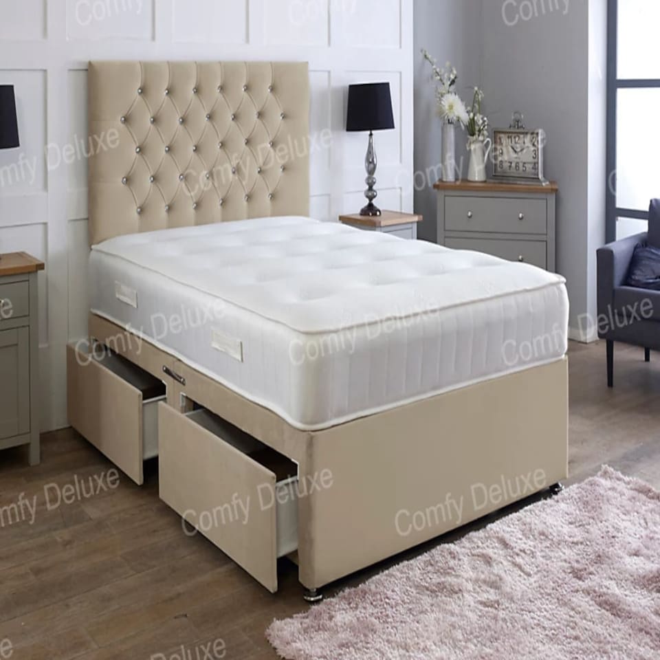 5ft King Mink Plush Velvet Divan Bed With Headboard & Memory Sprung Mattress 2 Drawers One Each Side