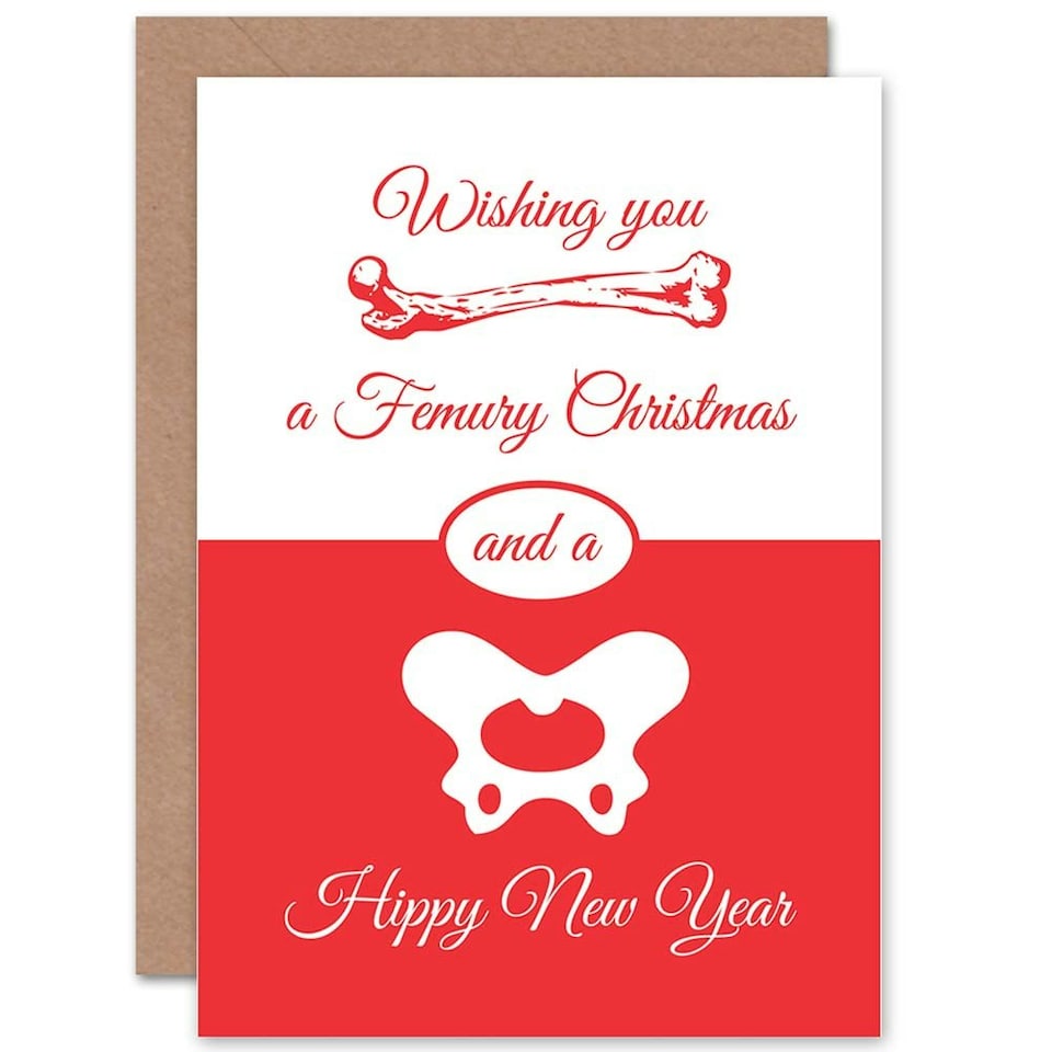 image 1 of Merry Xmas Bone Hip Femur Theme Pun Fun Weird Christmas Card