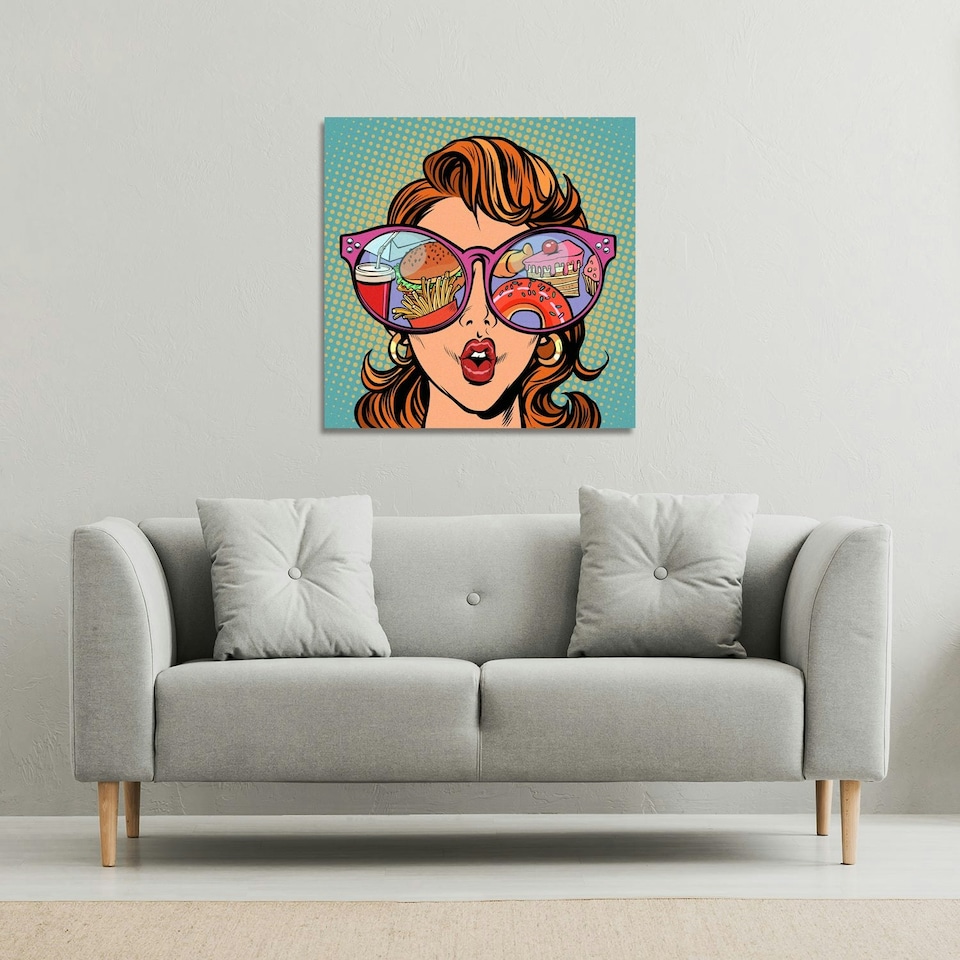 image 1 of Woman with sunglasses. Fast food and sweets in the reflection (Canvas Print) 101 x 101 x 4cm