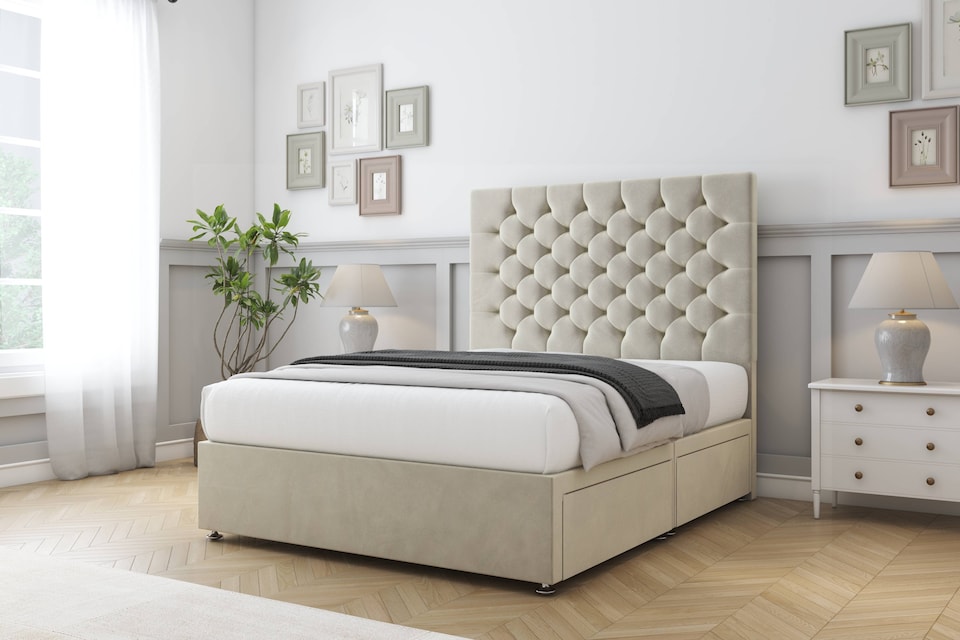 image 1 of Sloomy Mayfair Cream Plush Divan Bed With Mattress 2 Drawers Same Side With 54" Floor Standing Headboard 4'6 Double | Cream | Cream | Double | 1