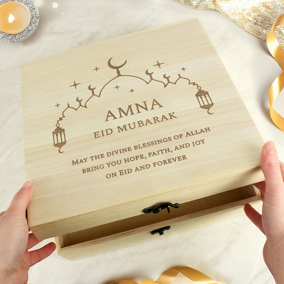 image 1 of Personalised Eid and Ramadan Large Wooden Keepsake Box Brown