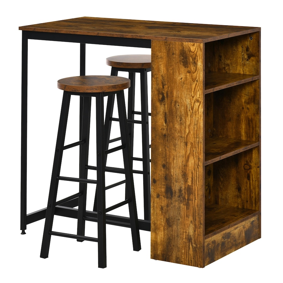 image 1 of HOMCOM 3 Piece Bar Table Set, Bar Height Table with 2 Stools, Storage Shelf