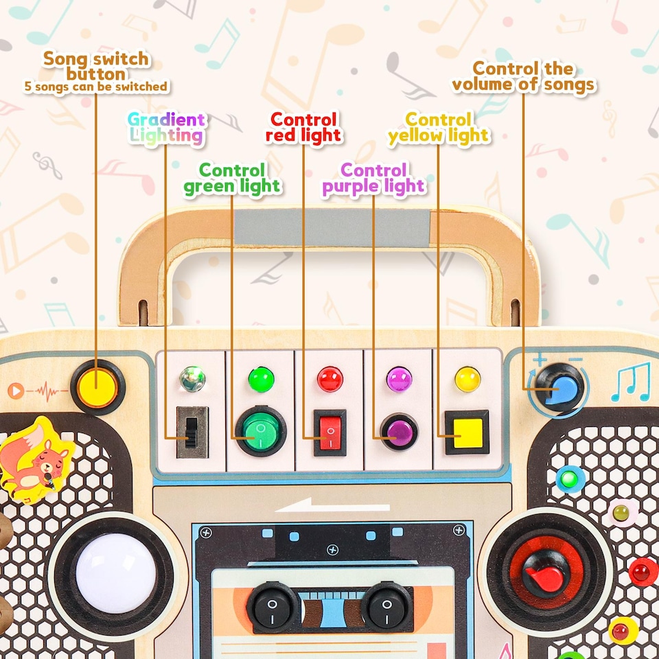 image 1 of Wooden LED Radio Music Toy – Interactive Light & Sound Activity Board for Toddlers 12M+