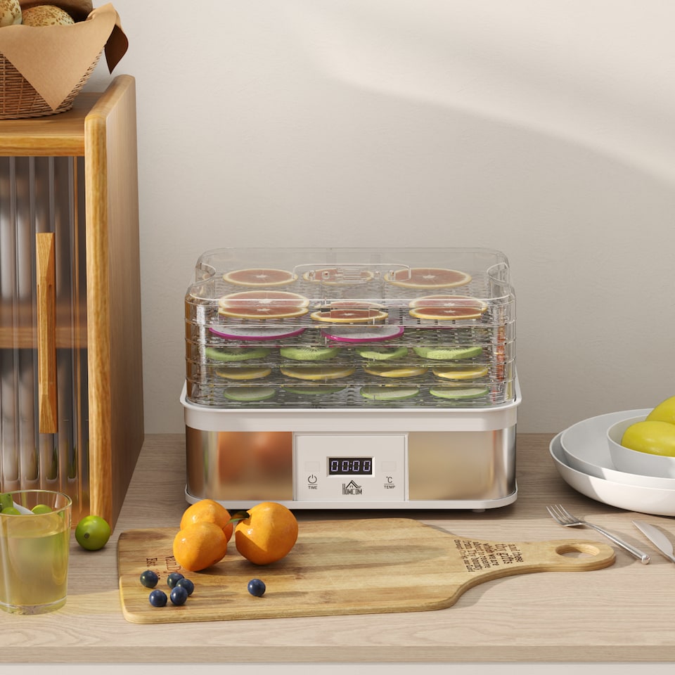 image 1 of HOMCOM 5 Tier Food Dehydrator, 245W Stainless Steel Food Dryer Machine with Adjustable Temperature, Timer and LCD Display for Drying Fruit, Meat, Vegetable, Jerky and Pet Treat, White