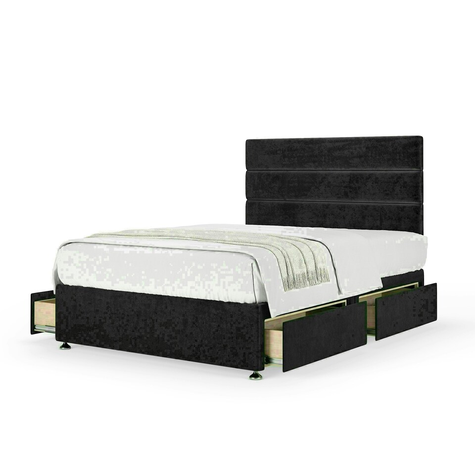 Black Naples Velvet 4 Drawer Divan Base and Milan Headboard King Size