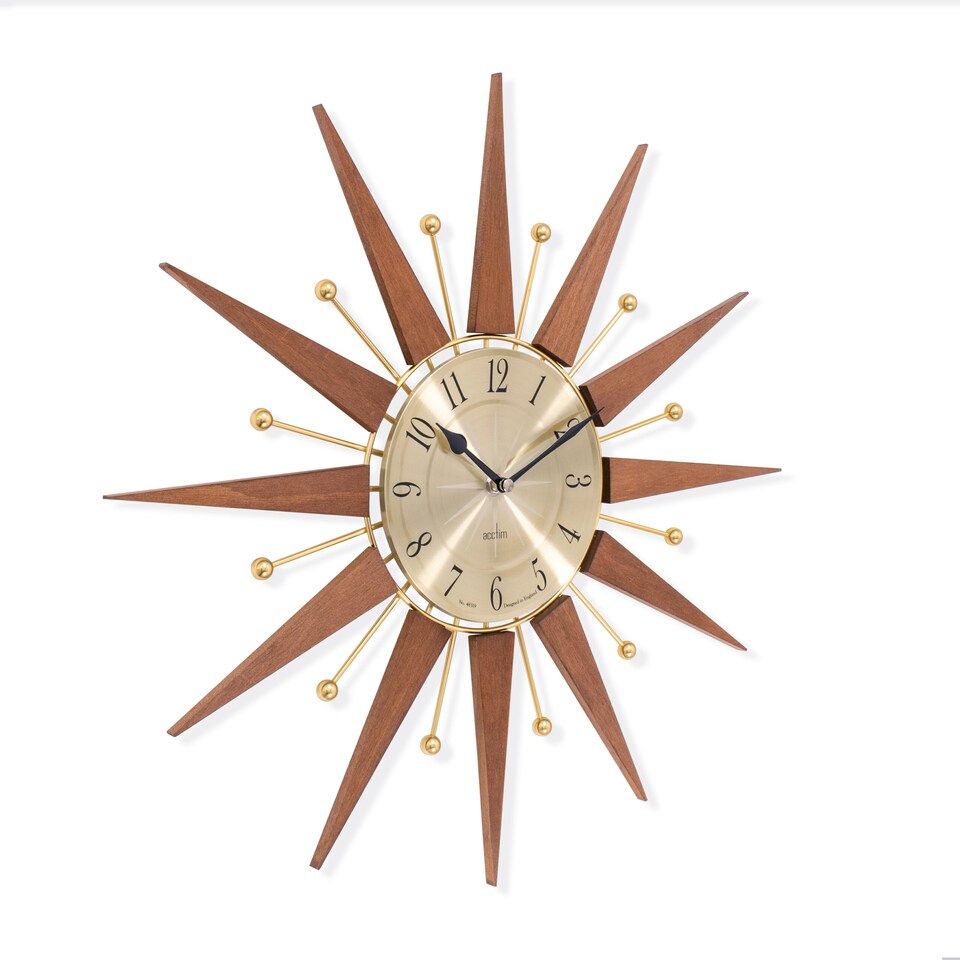 image 1 of Acctim Wolcott Large Wall Clock Sunburst Quartz Mid-century Metal & Wooden Spoke Dark Wood 50cm