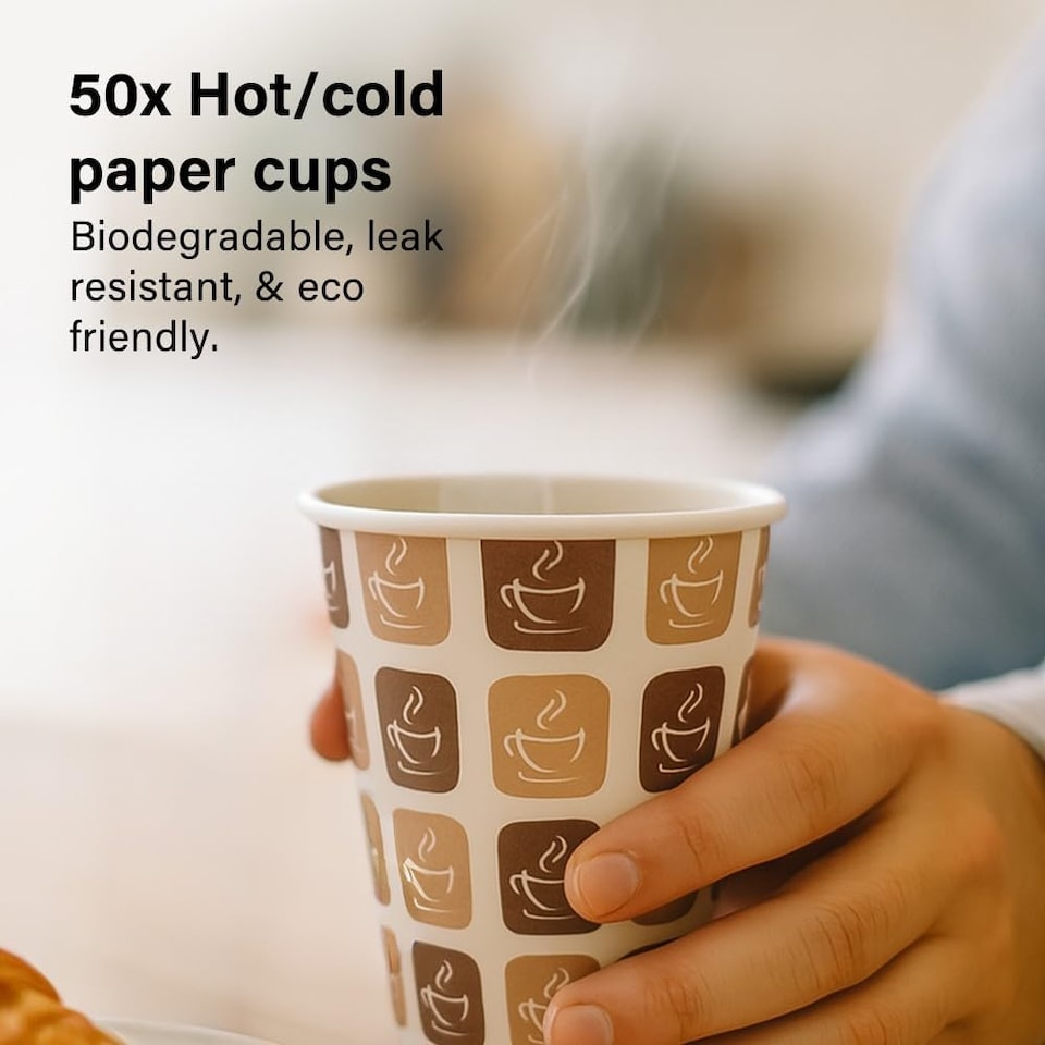 image 1 of 50pc 8oz Hot Cold Printed Paper Cups Hot Cold Drinks Biodegradable BBQs Picnics Weddings