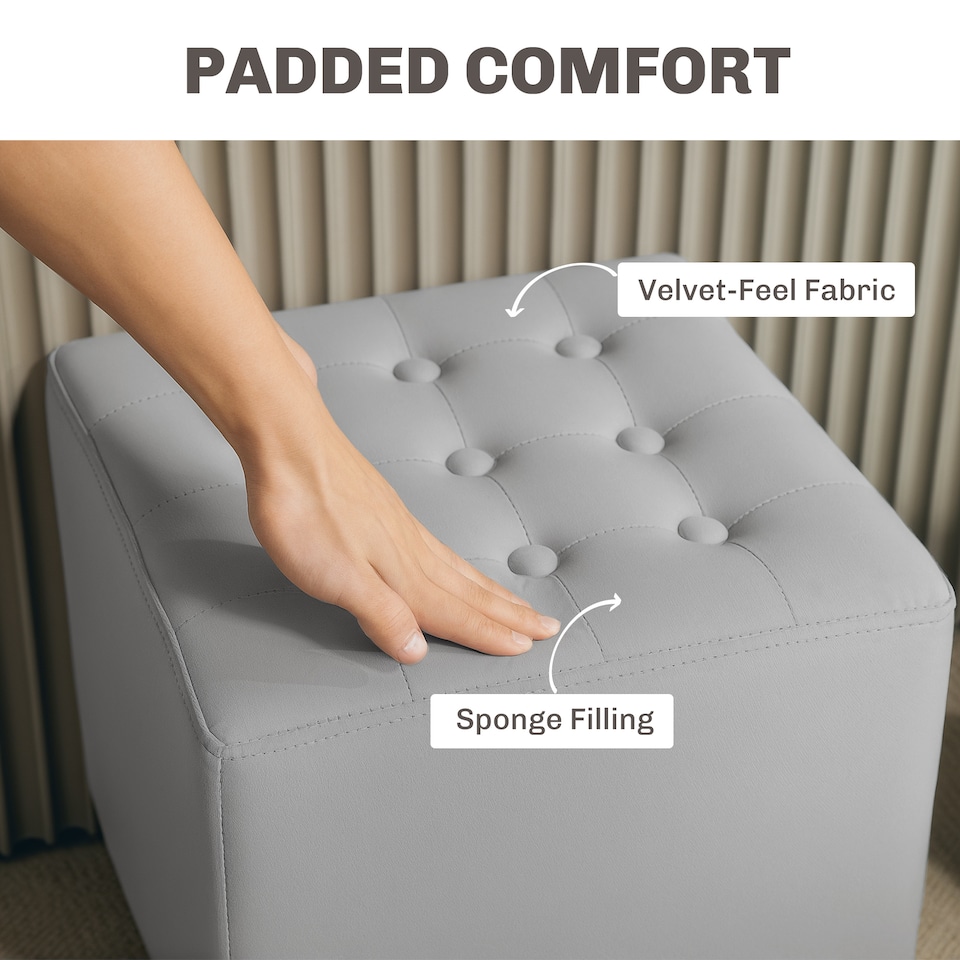 image 1 of HOMCOM Small Footstool Ottoman, Velvet Footrest, Square Foot Stool with Rubber Wood Legs and Padded Seat for Living Room, Bedroom, Entryway, 35 35 35cm, Light Grey | Grey