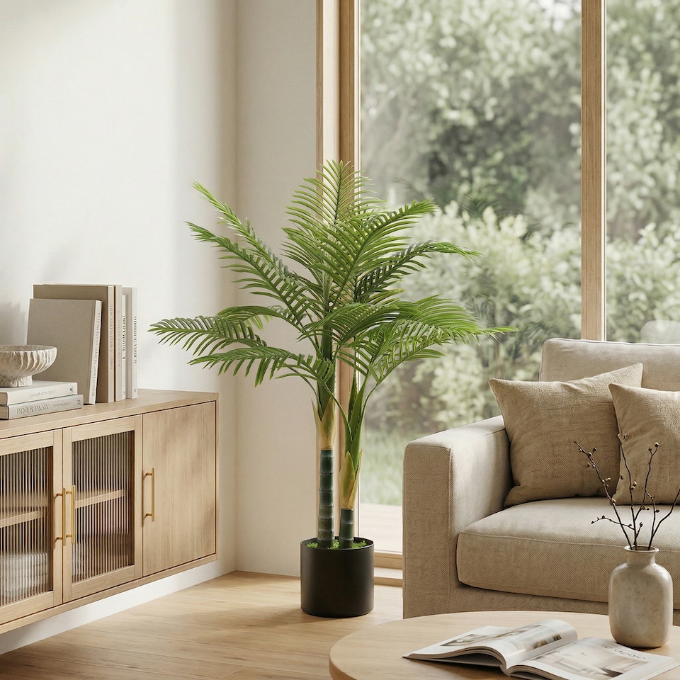 image 1 of HOMCOM 120cm Artificial Palm Tree with 14 PEVA Leaves in Pot, Green