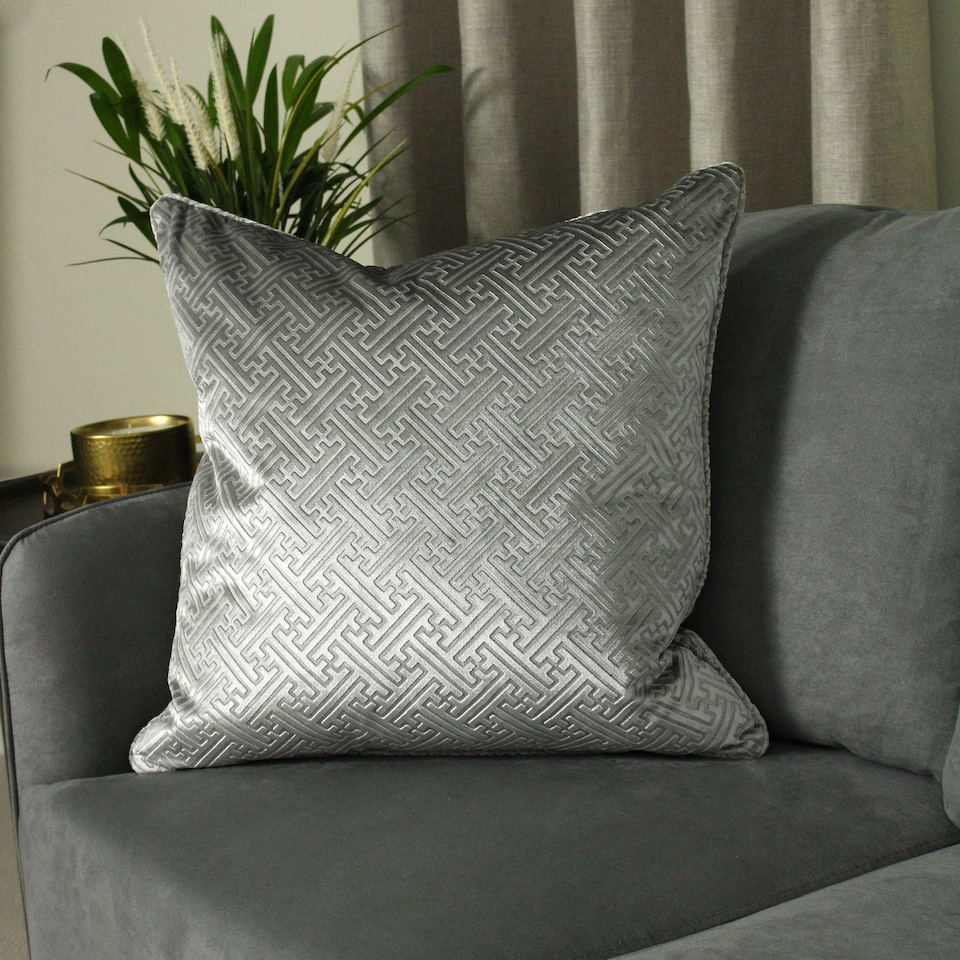 image 1 of Paoletti Florence Embossed Velvet Cushion, Silver, 55 x 55cm