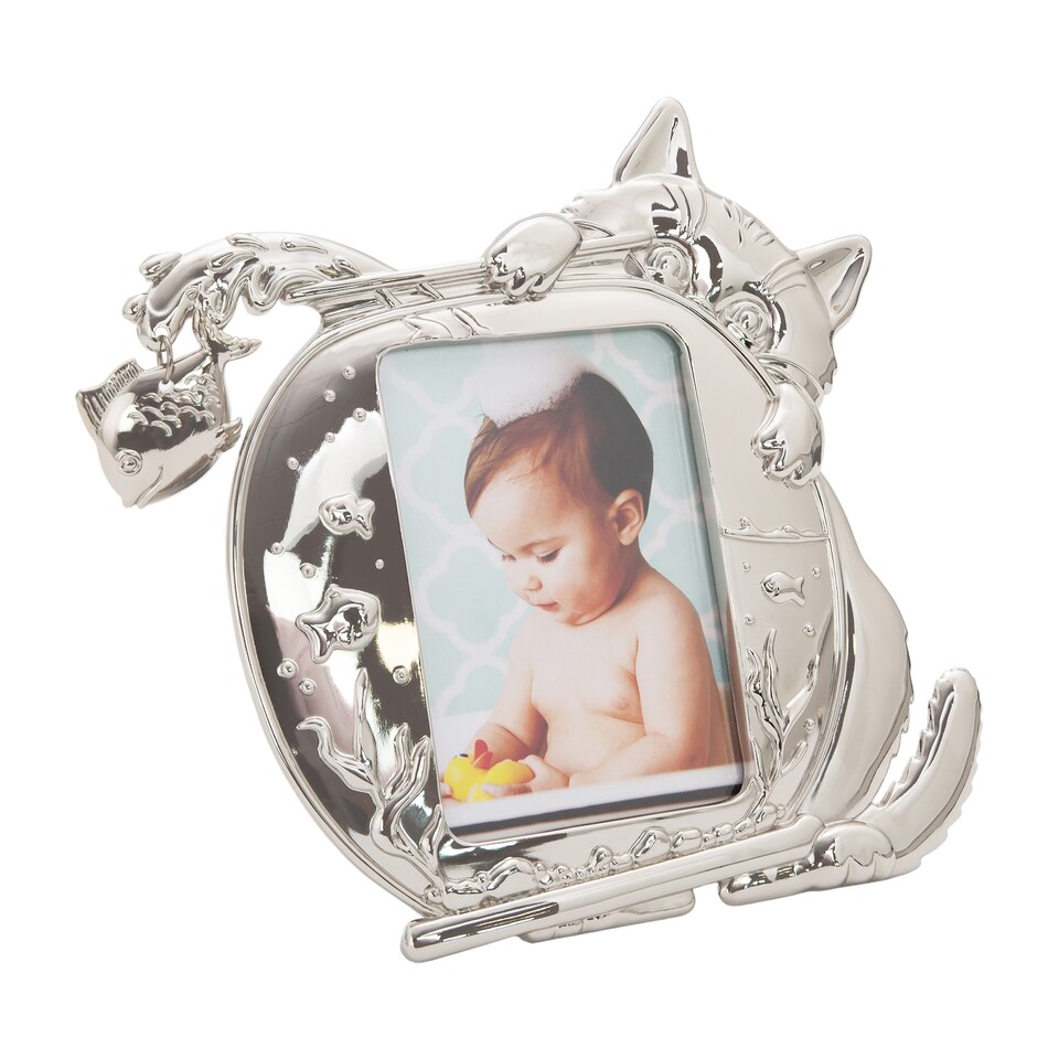 image 1 of Quirky Hiding Cat Themed Nickel Plated Picture Frame with Hanging Fish | Silver | 4" x 4"
