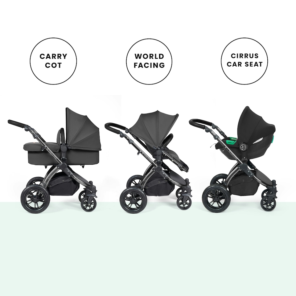 image 1 of Stomp Luxe 12pc Travel System with Cirrus i-Size Car Seat & ISOFIX Base, Carrycot, Reversible Seat, Rain Cover & More (Black/Charcoal Grey/Black)