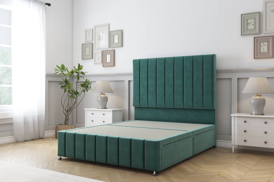 image 1 of Sloomy California Emerald Plush Divan Bed Base 2 Drawers Left Side With 26 Inch Strutted Headboard & 12 Inch Matching Footboard | Green | Emerald | Small Single | 1