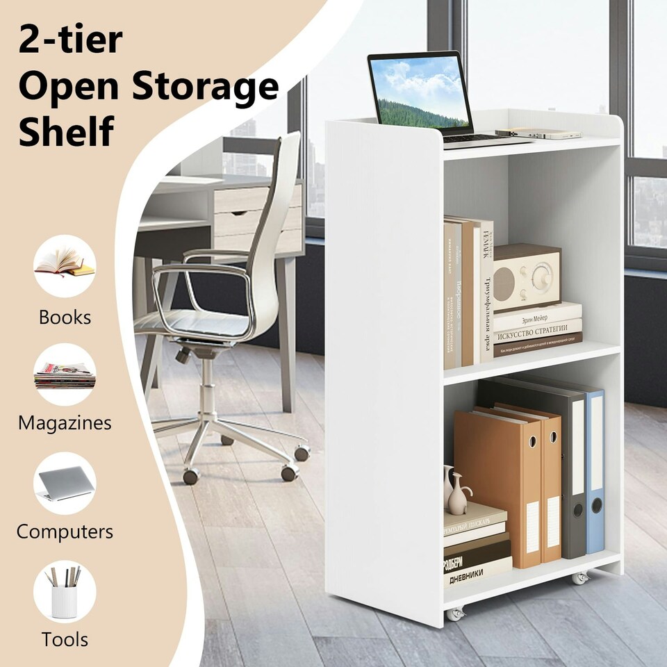 image 1 of COSTWAY Rolling Lectern Stand Desk with 2 Storage Shelves White